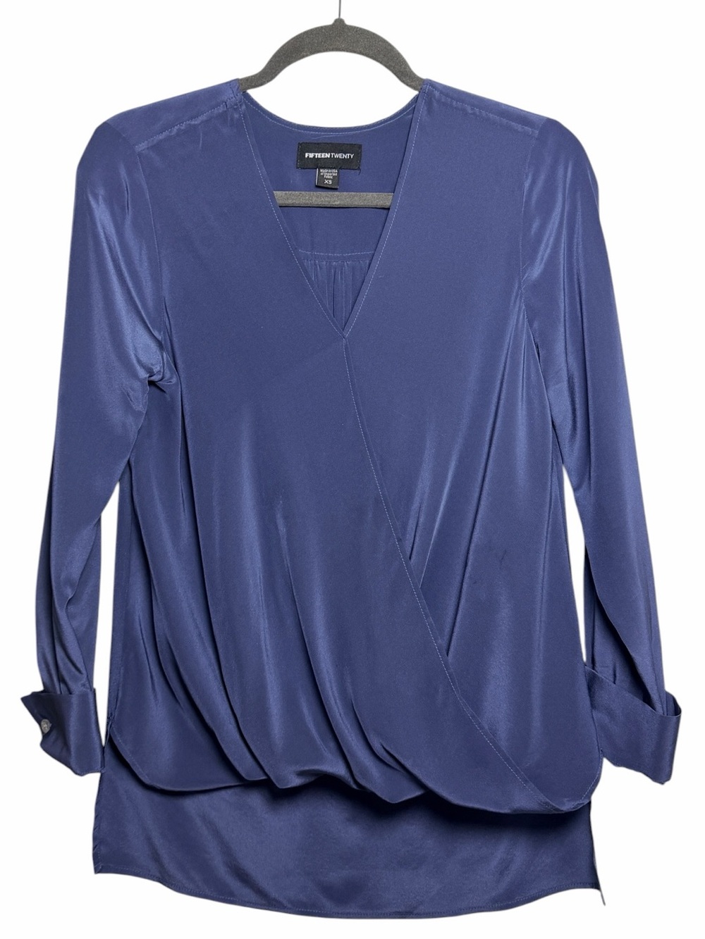 Fifteen Twenty Blue 100% Silk Surplice Wrap Blouse XS Made in USA